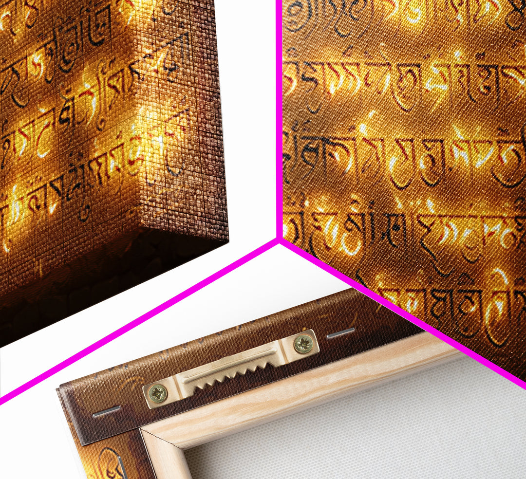 Glowing Ancient Script Wall Art, Spiritual Gold Calligraphy Stone Tablet, Cultural Art Print For Meditation Room Home Decor
