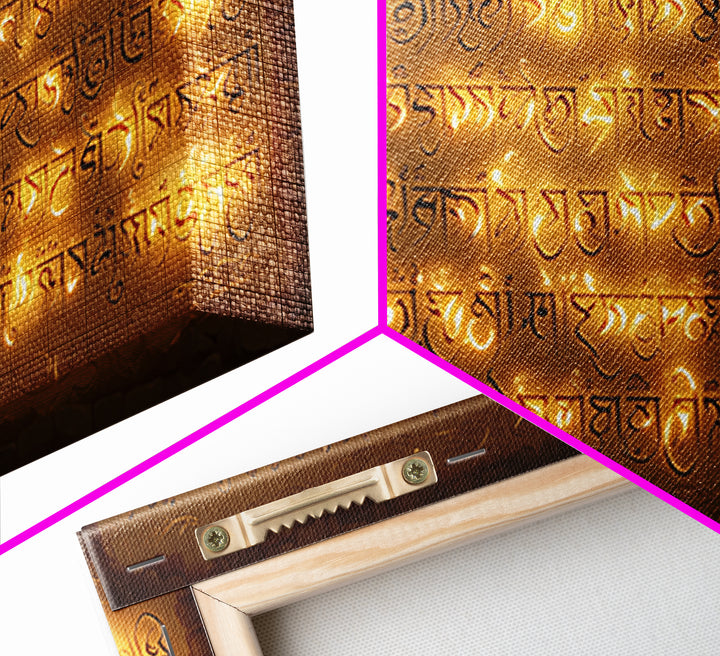 Glowing Ancient Script Wall Art, Spiritual Gold Calligraphy Stone Tablet, Cultural Art Print For Meditation Room Home Decor
