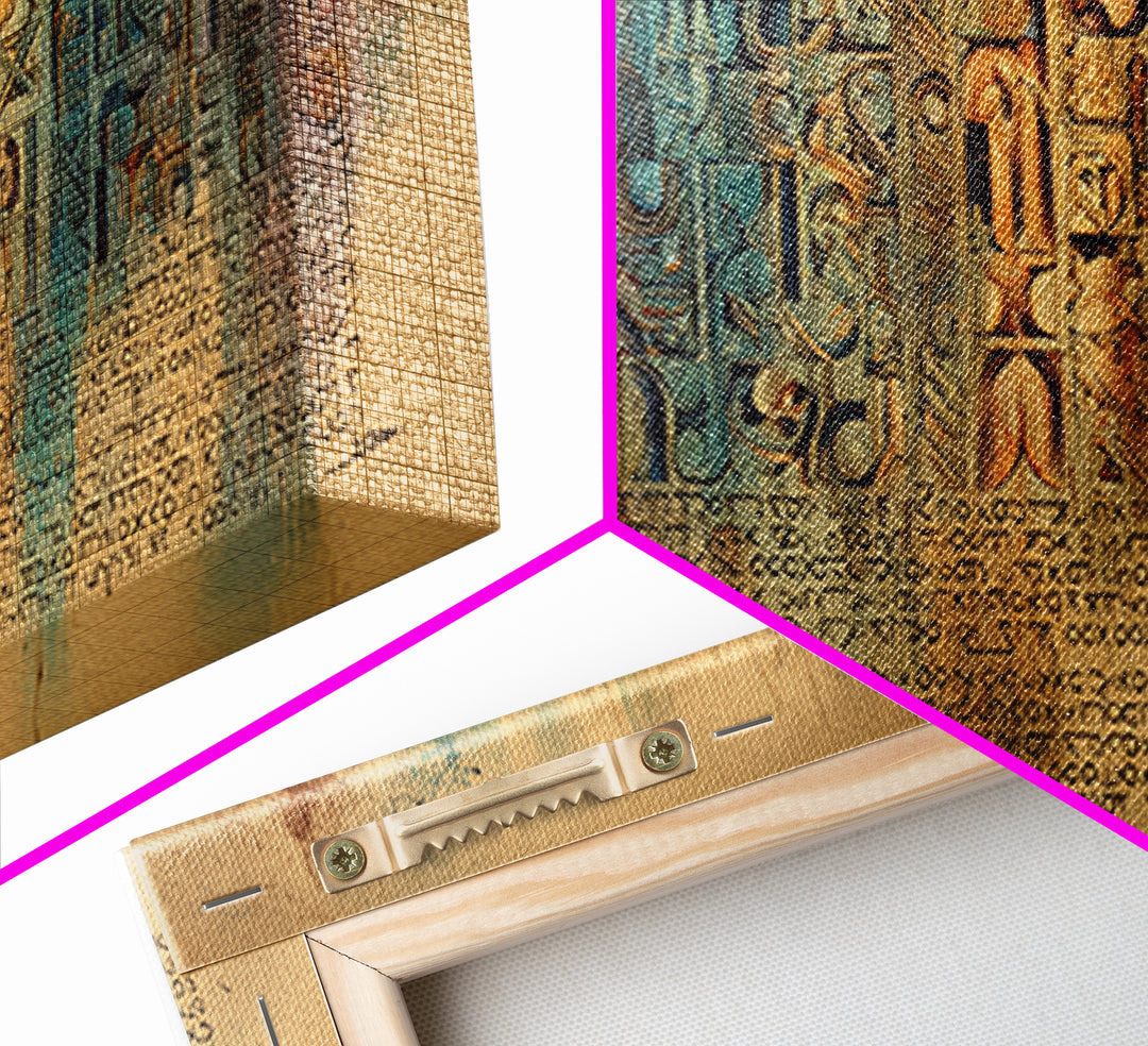 Weathered Glyph Panels Wall Art, African Inspired Hieroglyphic Abstract, Teal Rust Cultural Decor, Ancient Canvas Gift For Home