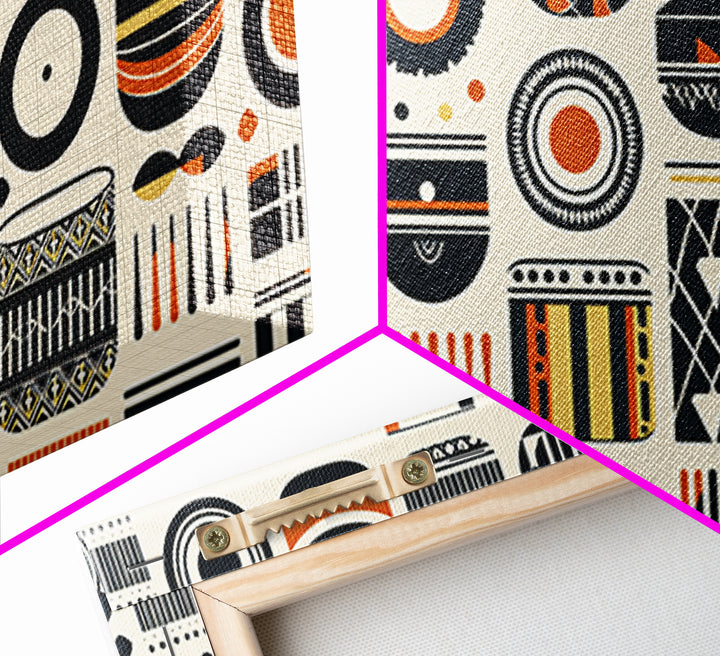 African Tribal Pattern Canvas Print, Black Orange Textile Wall Art, Afrocentric Geometric Decor, Boho Home Decor Gift For Living Room