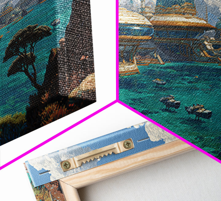 Afrofuturism Ocean City Framed Canvas Print, Futuristic African Coastal Wall Art, Turquoise Sci Fi Home Decor Gift For Office