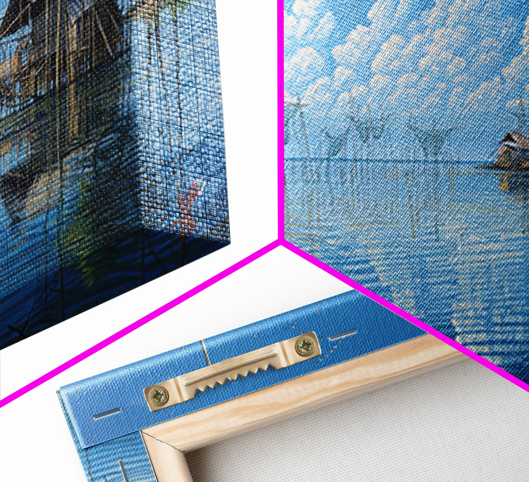 Calm Lake Fishing Nets Wall Art, Blue Sky Reflections Canvas Print, Coastal Landscape, Nature Scene Art, Serene Home Decor
