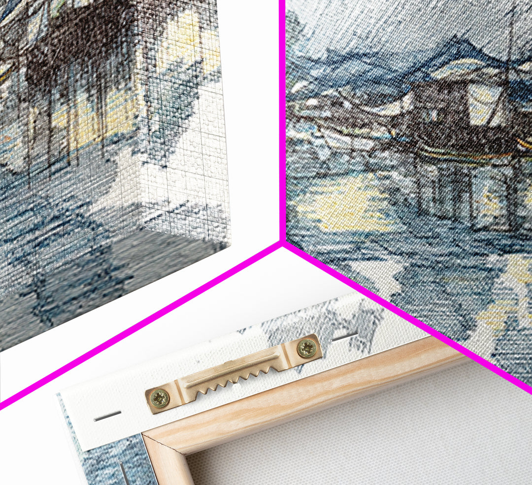 Ink Sketch Fishing Harbor Wall Art, Blue Coastal Village Canvas Print, Minimalist Art, Water Reflection, Office Decor Gift