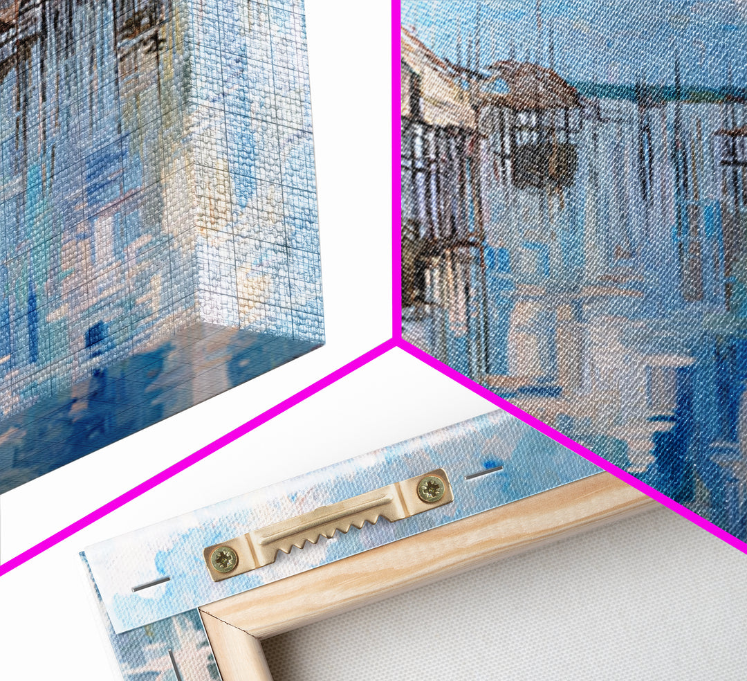 Blue Stilt Village Seascape Reflections Wall Art, Coastal Water Village Canvas Decor, Serene Sky Painting, Living Room Decor