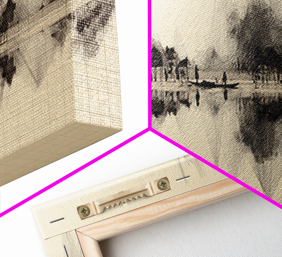 Sepia Ink Lakeside Village Reflections Wall Art, Minimalist Landscape Print, Serene Neutral Decor, Gallery Style Home Decor