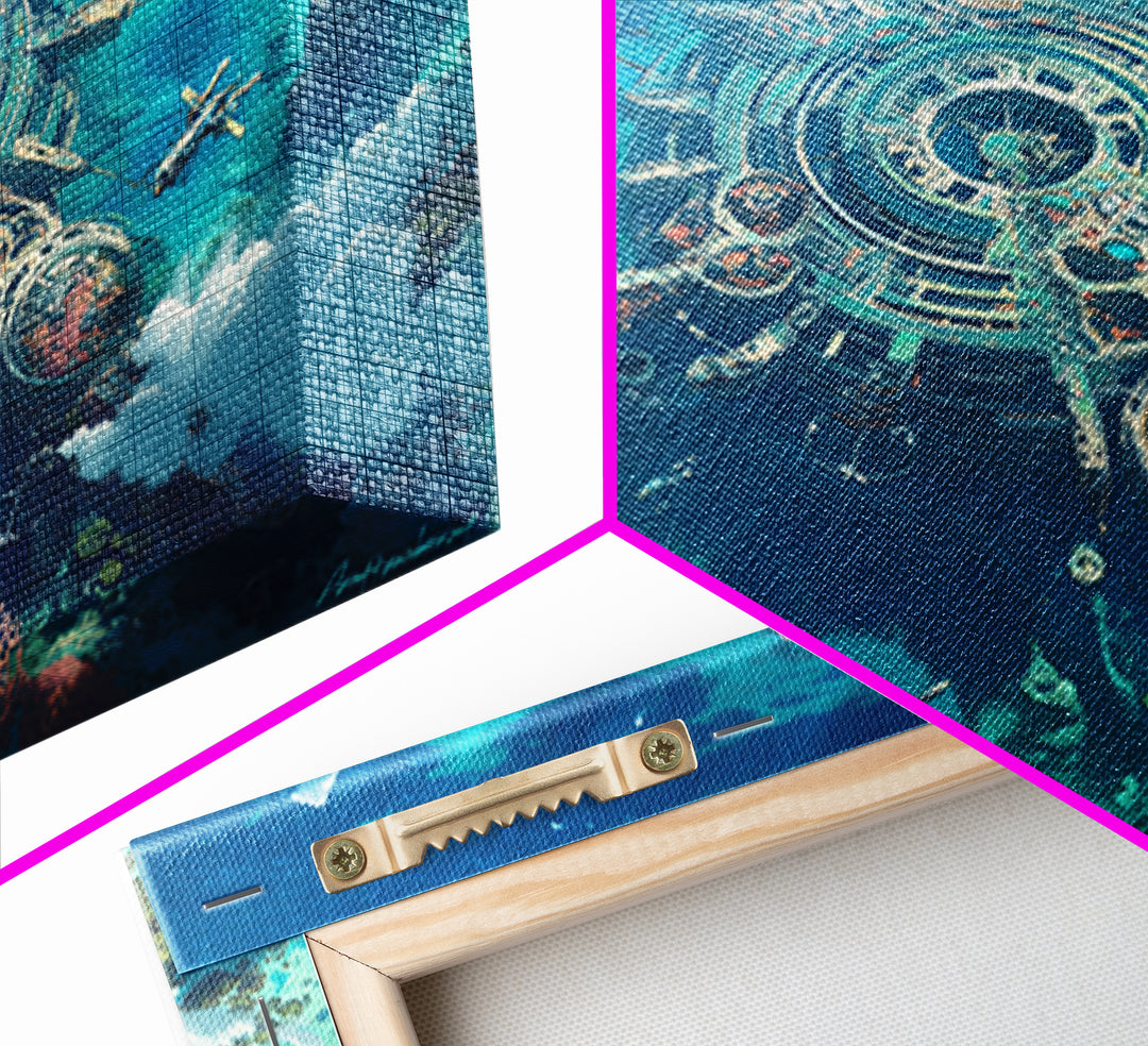 Futuristic Ocean City Aerial Canvas Print, Turquoise Sci Fi Island Wall Decor, Modern Digital Art, Unique Coastal Home Decor