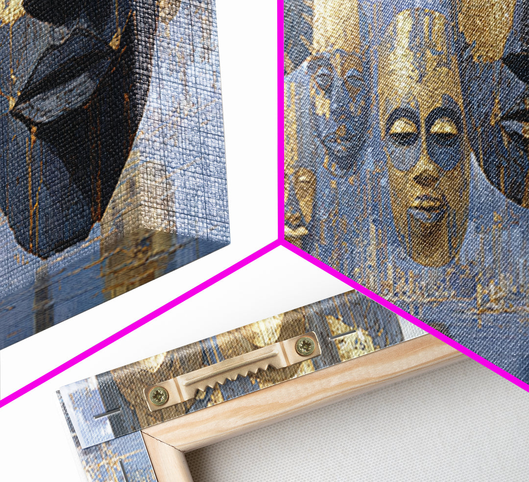 Floating African Mask Framed Canvas Print, Blue Gold Tribal Wall Decor, Modern African Art, Afrocentric Living Room Decor
