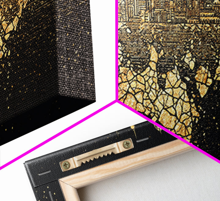 Gold Floating Skyline Wall Art, Black And Gold Art, Modern Cityscape Poster, Abstract Urban Decor, Statement Canvas Print