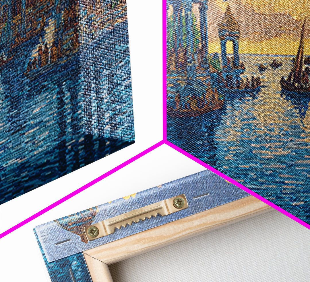 Blue Golden Temple Canal Wall Art, Ancient City Landscape, Cultural Art Print, Dreamy Water Decor, Contemporary Canvas Print