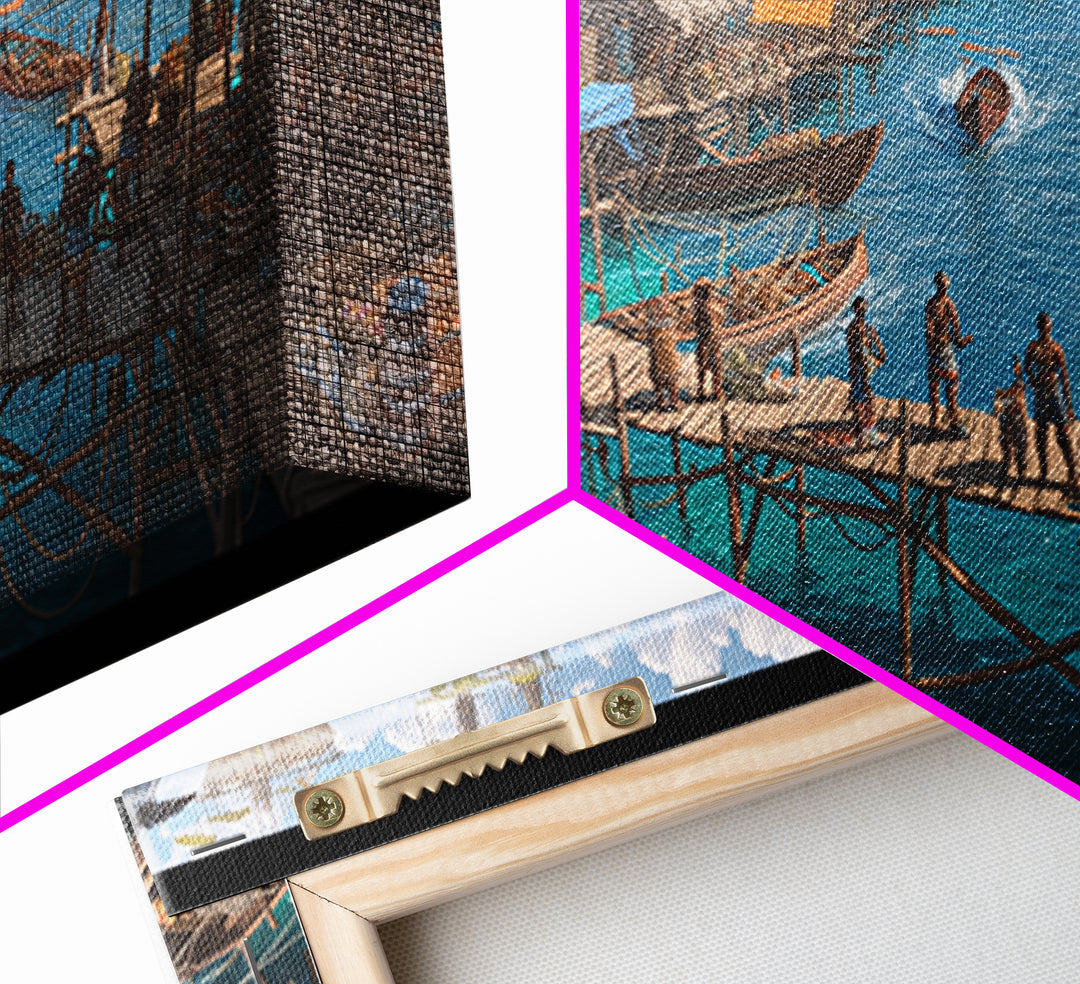 Tropical Stilt Village Wall Art, African Coastal Harbor, Fishing Boats, Teal Water Decor, Safari Travel Canvas Print, Unique Home Decor