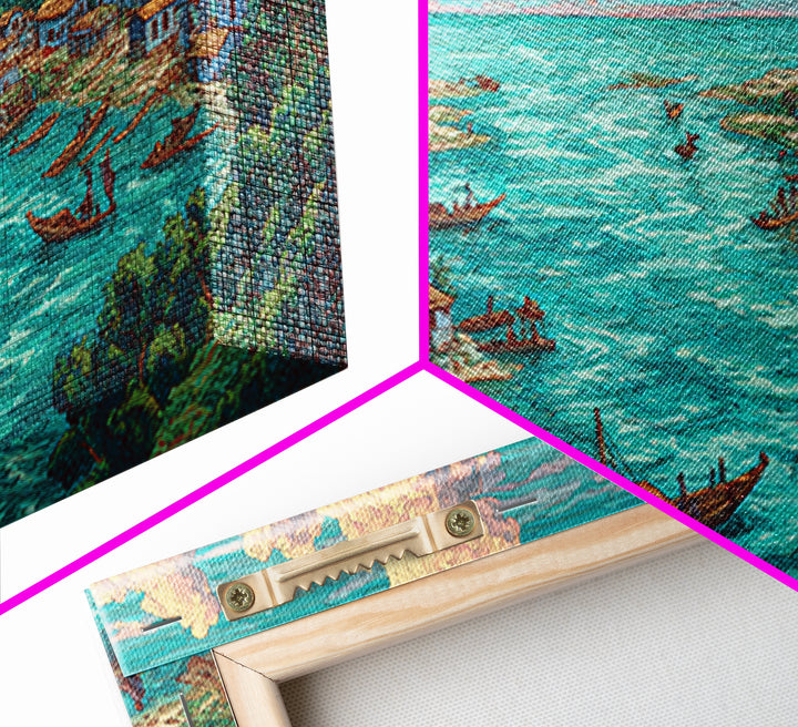 Turquoise Island Fishing Village Wall Art, African Coastal Landscape, Teal Water Decor, Nature Scene Art, Canvas Print Gift