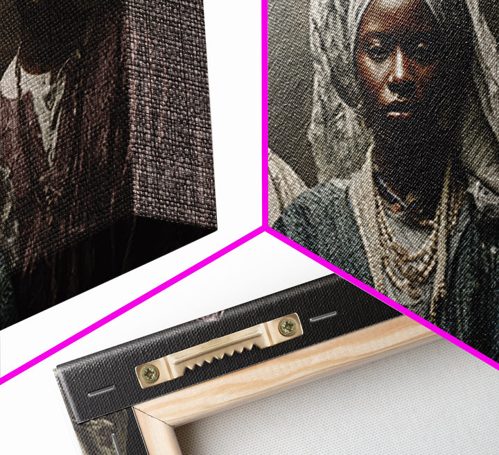 Regal African Trio Portrait Framed Canvas Print, Traditional Headwraps, Afrocentric Wall Decor, Black Culture Portrait Art Gift