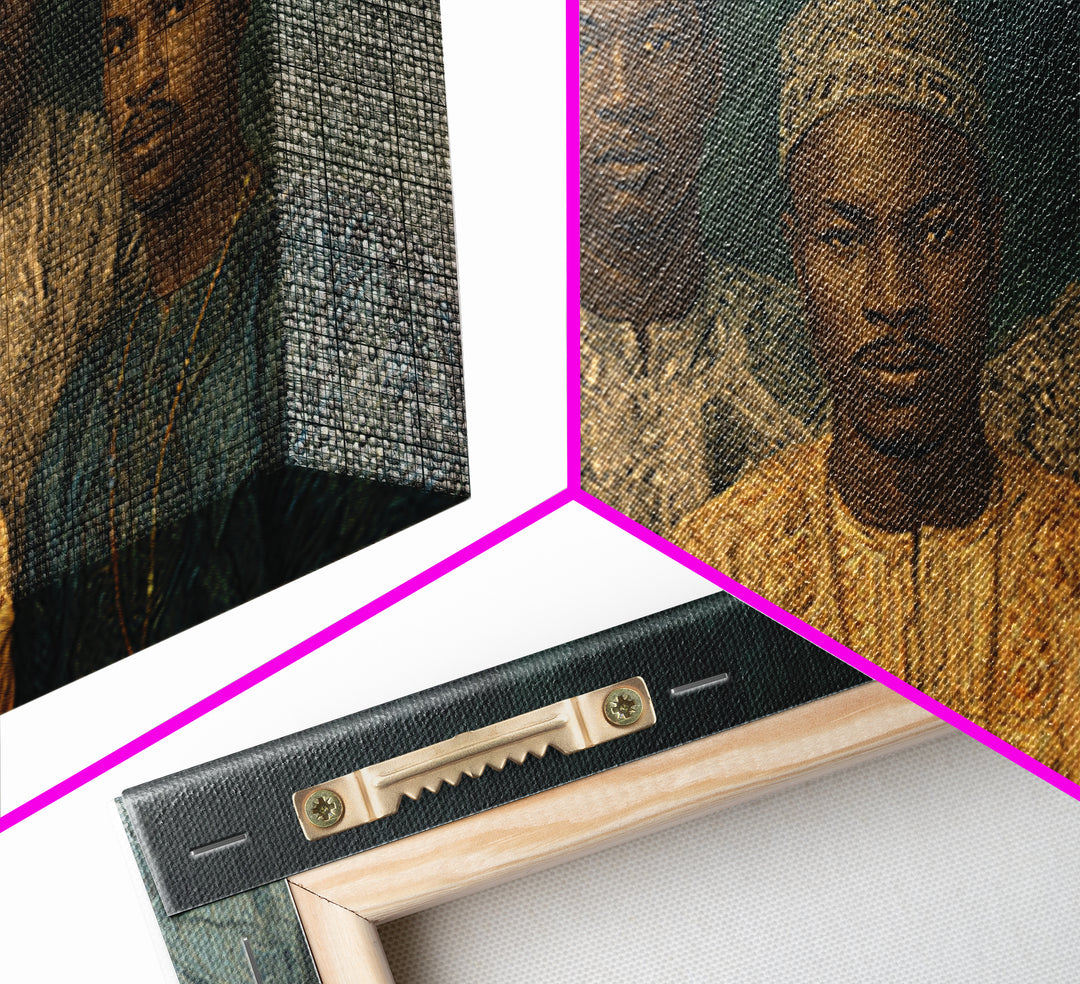 Five African Men In Gold Caps Framed Canvas Print, Textured Royal Portrait Wall Art, Blue Earth Tone Cultural Decor Gift