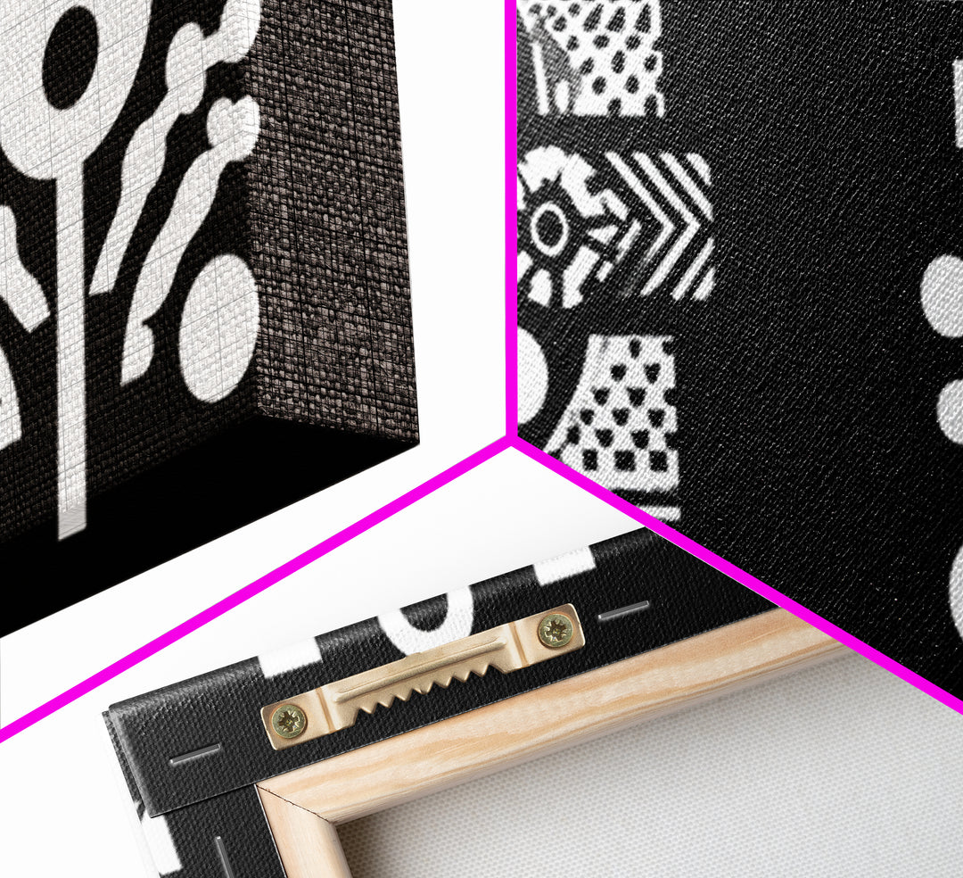 Black And White Adinkra Symbol Wall Art, African Tribal Abstract Canvas Print, Geometric Spiritual Decor, Bold Pattern Gift