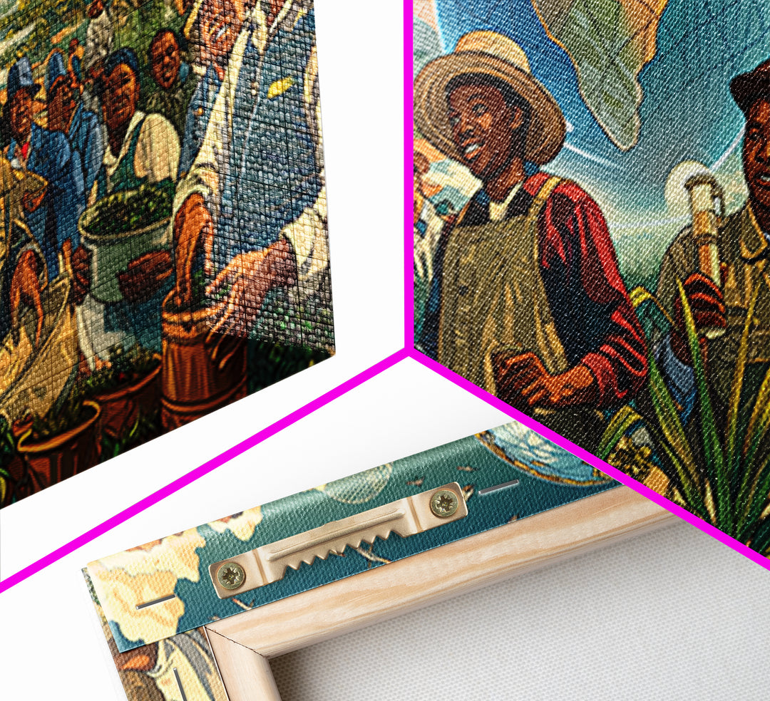 Joyful African Farmers And Floating Globe Wall Art, Afrofuturism Decor, Cultural Art Print, Colorful Africa Poster Print
