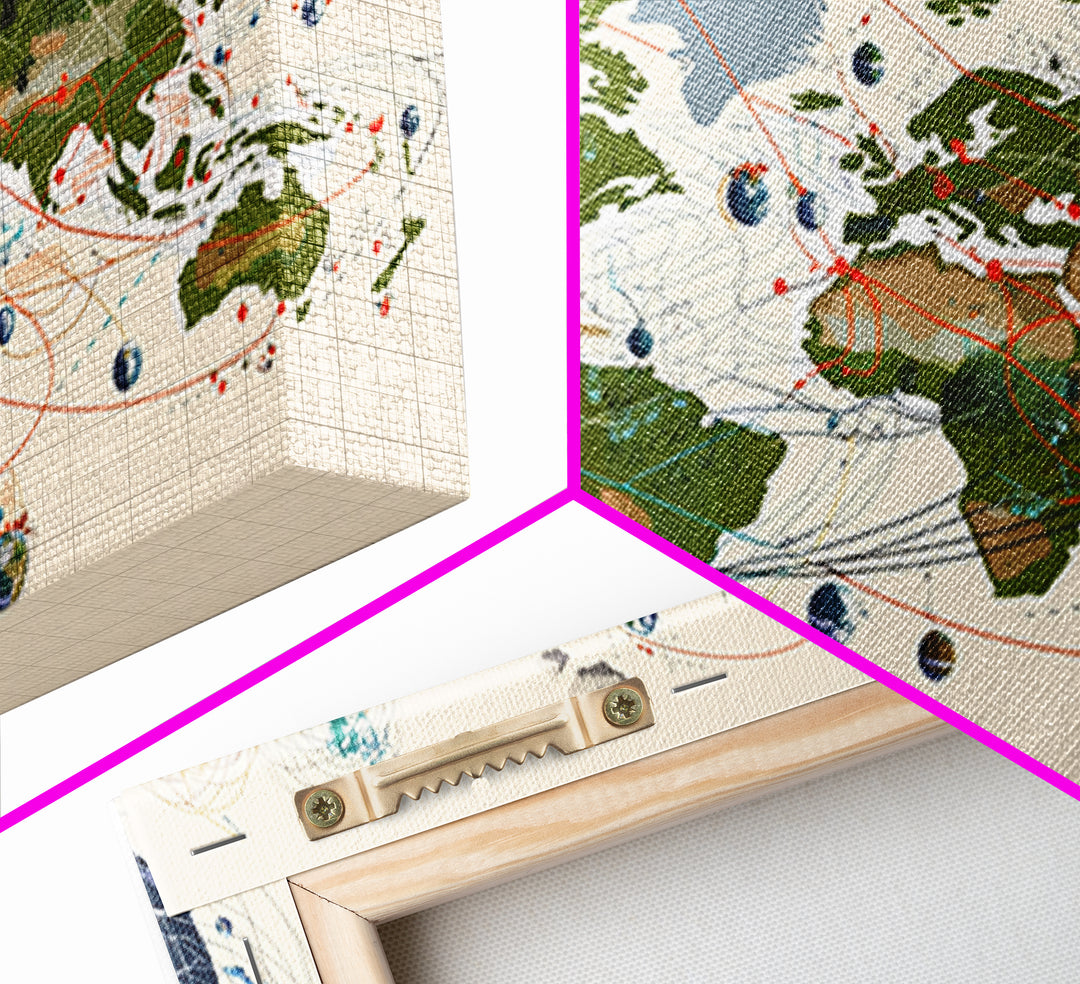Global Network Map With Africa Orbitals Wall Art, Digital World Map Art, Modern Office Decor, Futuristic Abstract Art Print