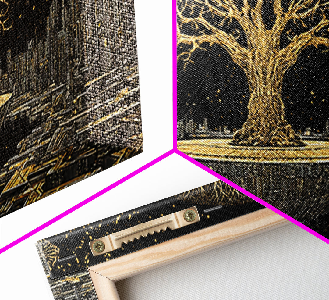 Golden Tree Of Life Over Futuristic City Wall Art, Black And Gold Art, Spiritual Wall Art, African Inspired, Statement Decor