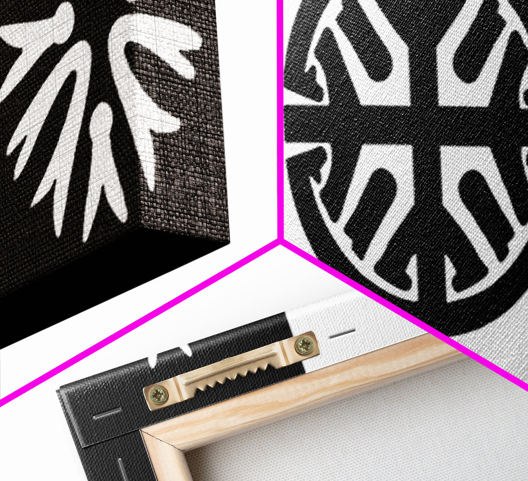 Black White Tribal Symbols Framed Canvas Print, Geometric Abstract Wall Art, African Inspired Decor, Minimalist Office Art