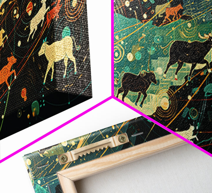 Cosmic Cattle Migration Canvas Print, Abstract Animal Wall Art, Modern Farm Decor, Earth Tone Office Art, Unique Home Gift