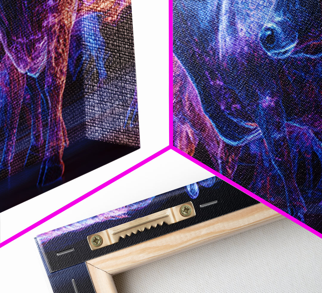 Neon Blue And Purple Cows Canvas Print, Glowing Animal Wall Art, Modern Digital Farm Decor, Bold Office Art, Unique Gift