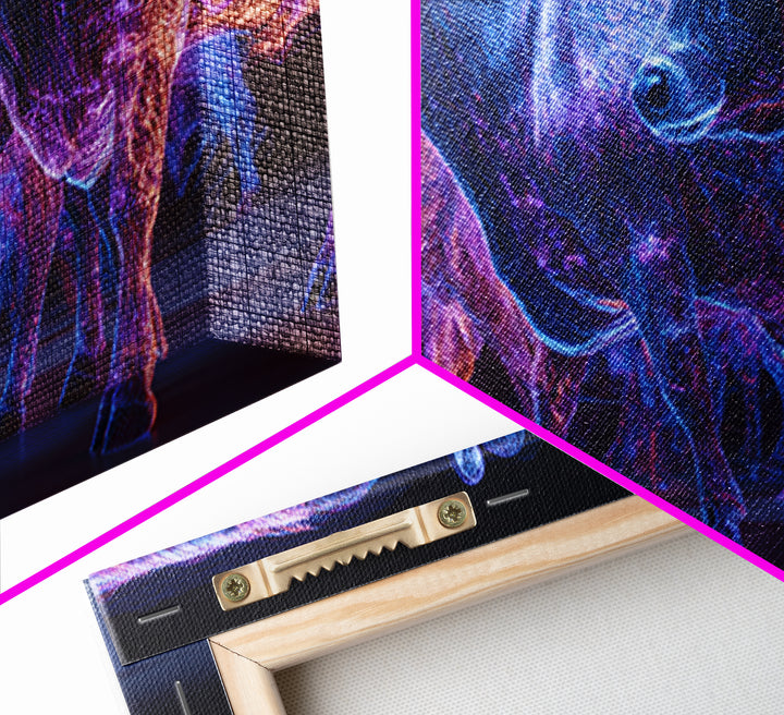 Neon Blue And Purple Cows Canvas Print, Glowing Animal Wall Art, Modern Digital Farm Decor, Bold Office Art, Unique Gift