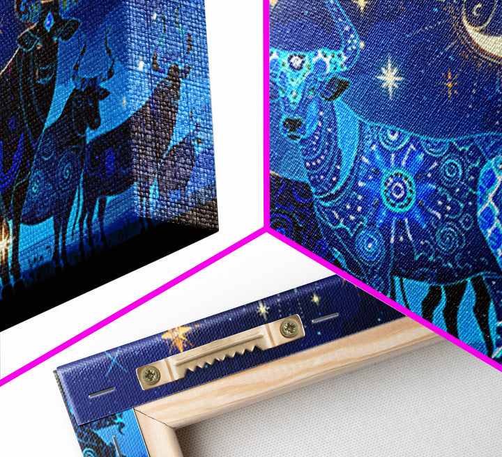 Starry Blue Cattle Under Crescent Moon Wall Art, Celestial Animal Canvas Decor, Night Sky Painting, Boho Home Decor Gift