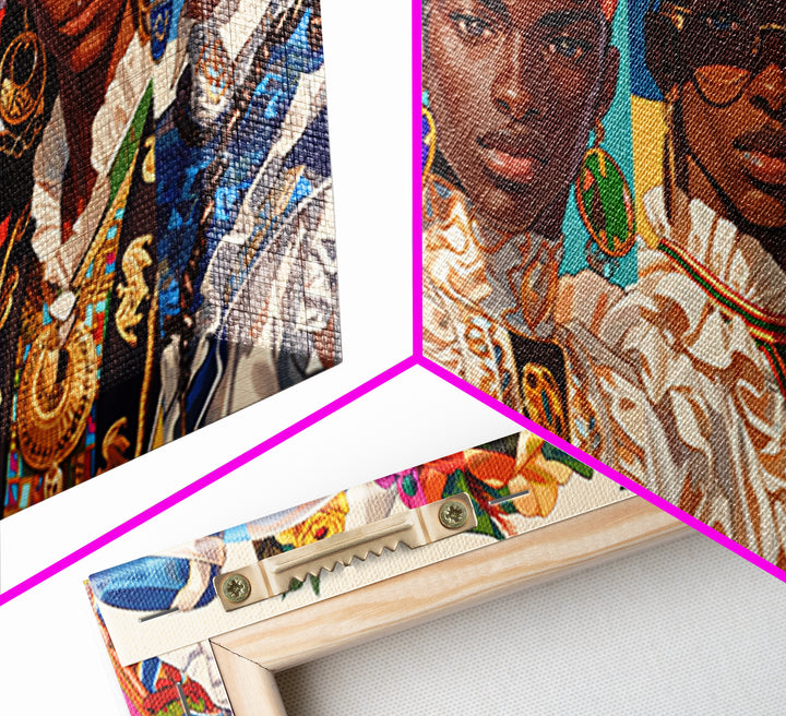 Elegant African Women In Hats And Headwraps Framed Canvas Print, Modern Fashion Portrait Wall Decor, Black Beauty Art Gift