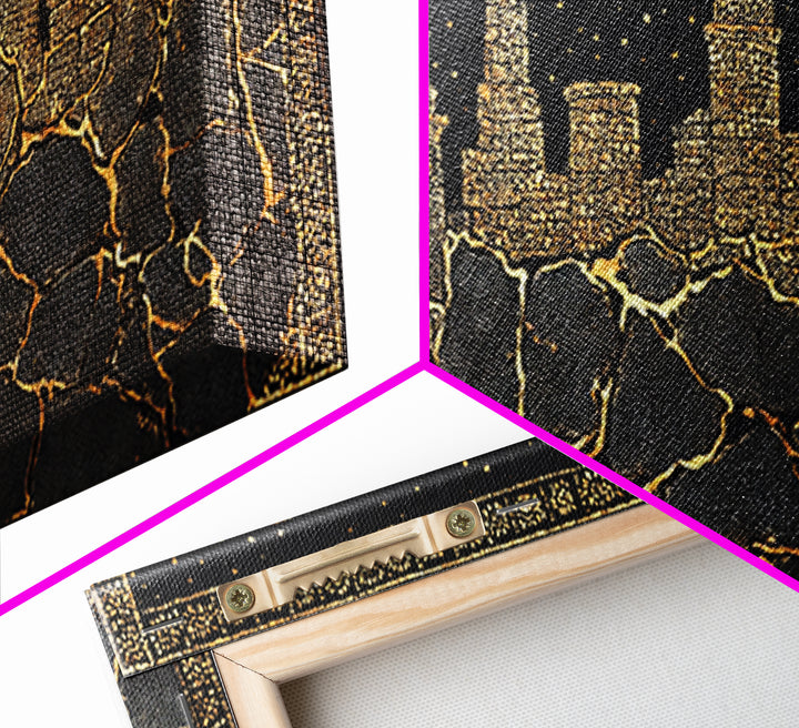 Black Gold Skyline And Cracked Earth Wall Art, African Inspired Cityscape, Luxury Canvas Decor, Bold Statement Home Decor