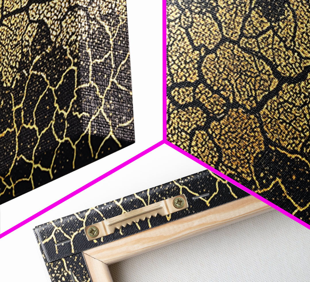 Black Gold Cracked Mosaic Wall Art, African Abstract Pattern, Luxury Canvas Decor, Earth Tone Statement Piece For Living Room