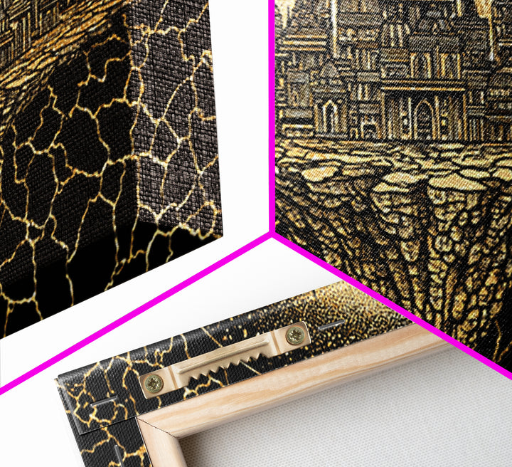 Golden African Kingdom City Wall Art, Black And Gold Geometric Decor, Afrocentric Spiritual Art, Luxury Canvas Print Poster