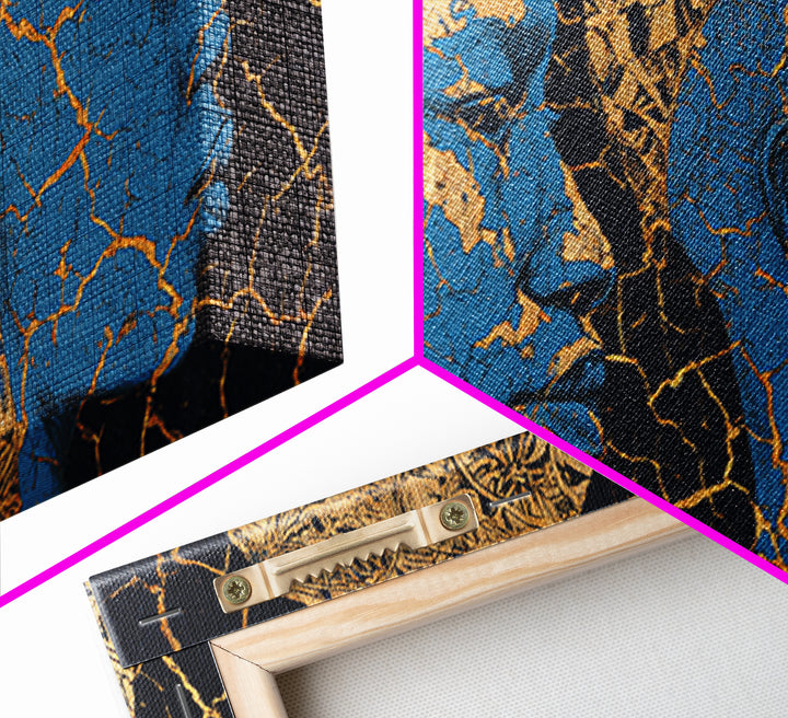 Blue And Gold Cracked African Faces Wall Art, Modern Afrocentric Canvas Print For Luxury Decor, Cultural Home Decor Gift