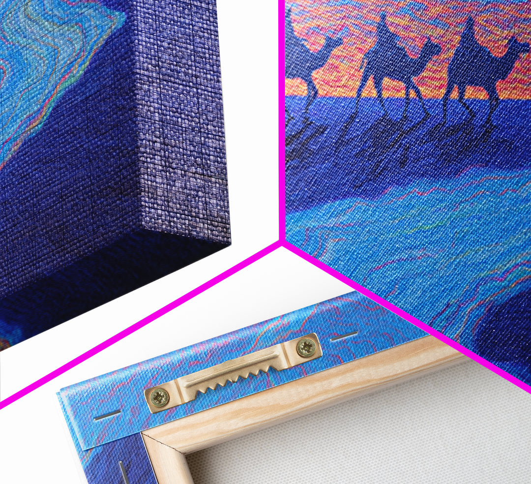 Camel Caravan Blue Desert Wall Art, African Safari Art Print, Dreamy Sunset Landscape For Boho Bedroom And Travel Decor Gift