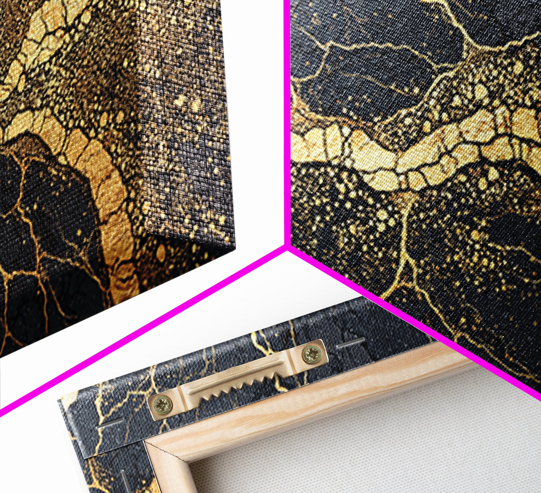 Black Gold Cracked Earth River Framed Canvas Print, Abstract African Art, Luxury Geometric Wall Decor For Modern Home Office
