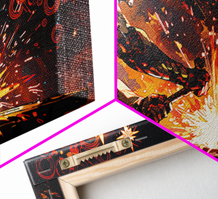 Futuristic Blacksmith Sparks Canvas Print, Industrial Wall Decor, Modern Art, Orange Metalwork, Workshop Gift, Masculine Office Art