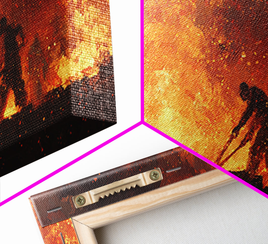Fiery African Blacksmith Silhouette Canvas Print, African Warrior Art, Orange Abstract Painting, Black History Wall Decor Gift