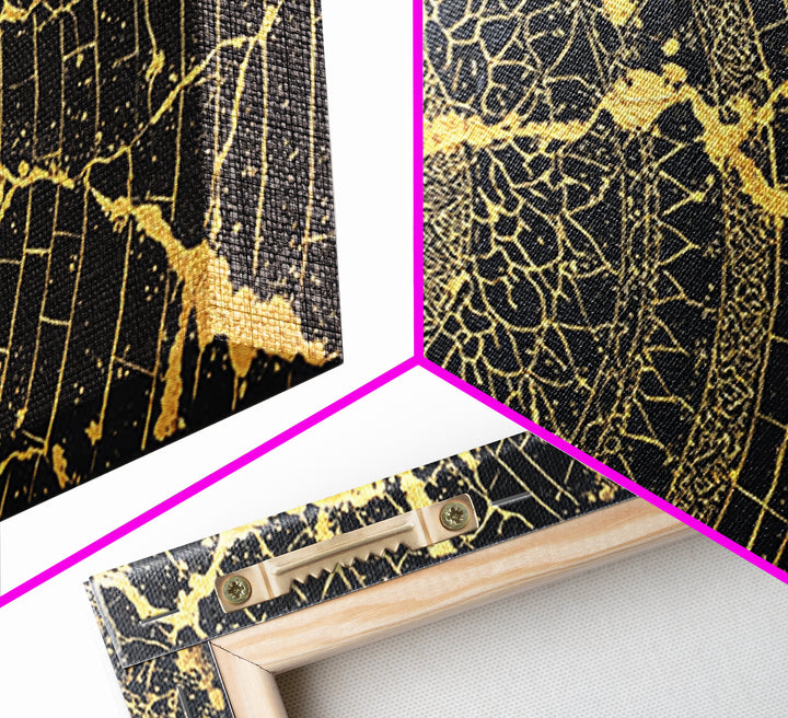 Gold Spiral Geometric Web Wall Art, Abstract African Art Print, Black Gold Decor, Modern Boho Statement Canvas For Living Room