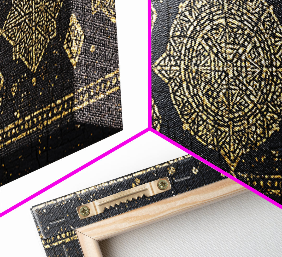 Gold Mud Cloth Geometric Framed Canvas Print, African Patterns, Tribal Art Decor, Black Gold Boho Wall Decor For Living Room