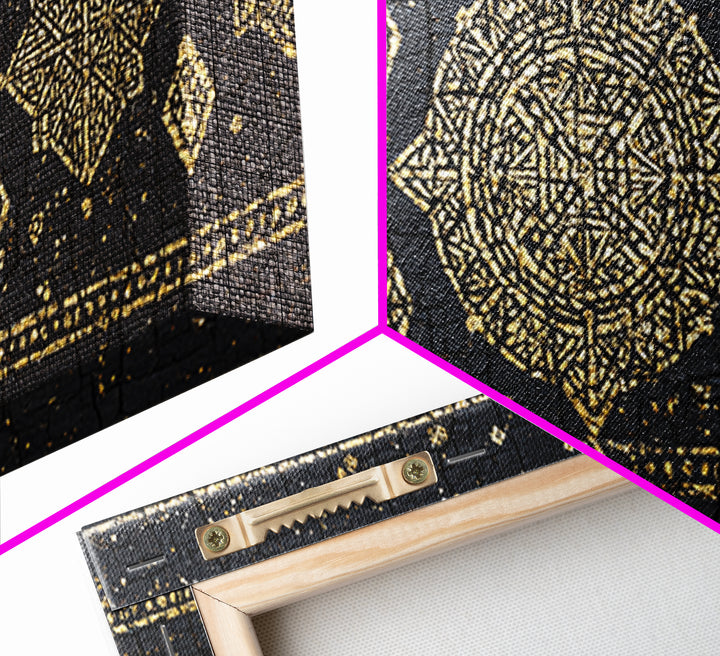 Gold Mud Cloth Geometric Framed Canvas Print, African Patterns, Tribal Art Decor, Black Gold Boho Wall Decor For Living Room