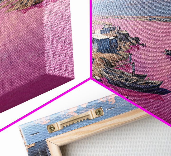 Pink River African Village Wall Art, West African Landscape, Coastal Boat Scene, Serene Travel Decor For Living Room Canvas Gift