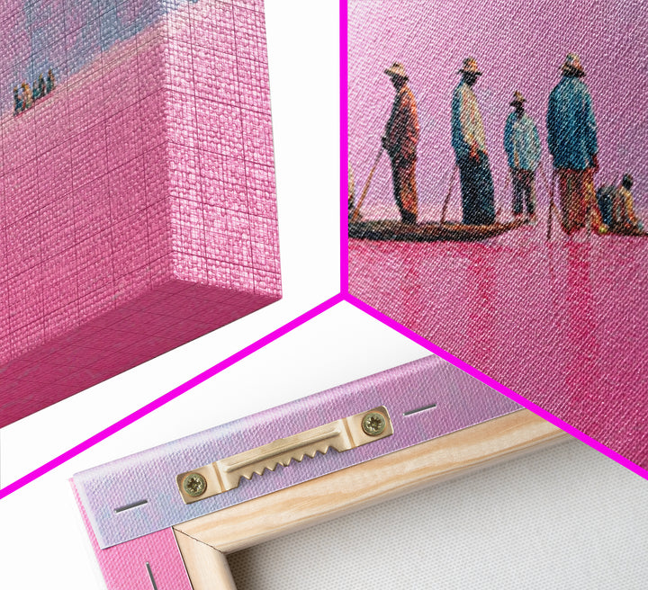Pink Lake Fishermen On Long Boat Canvas Print, African Travel Landscape, Minimalist Coastal Decor For Modern Living Room