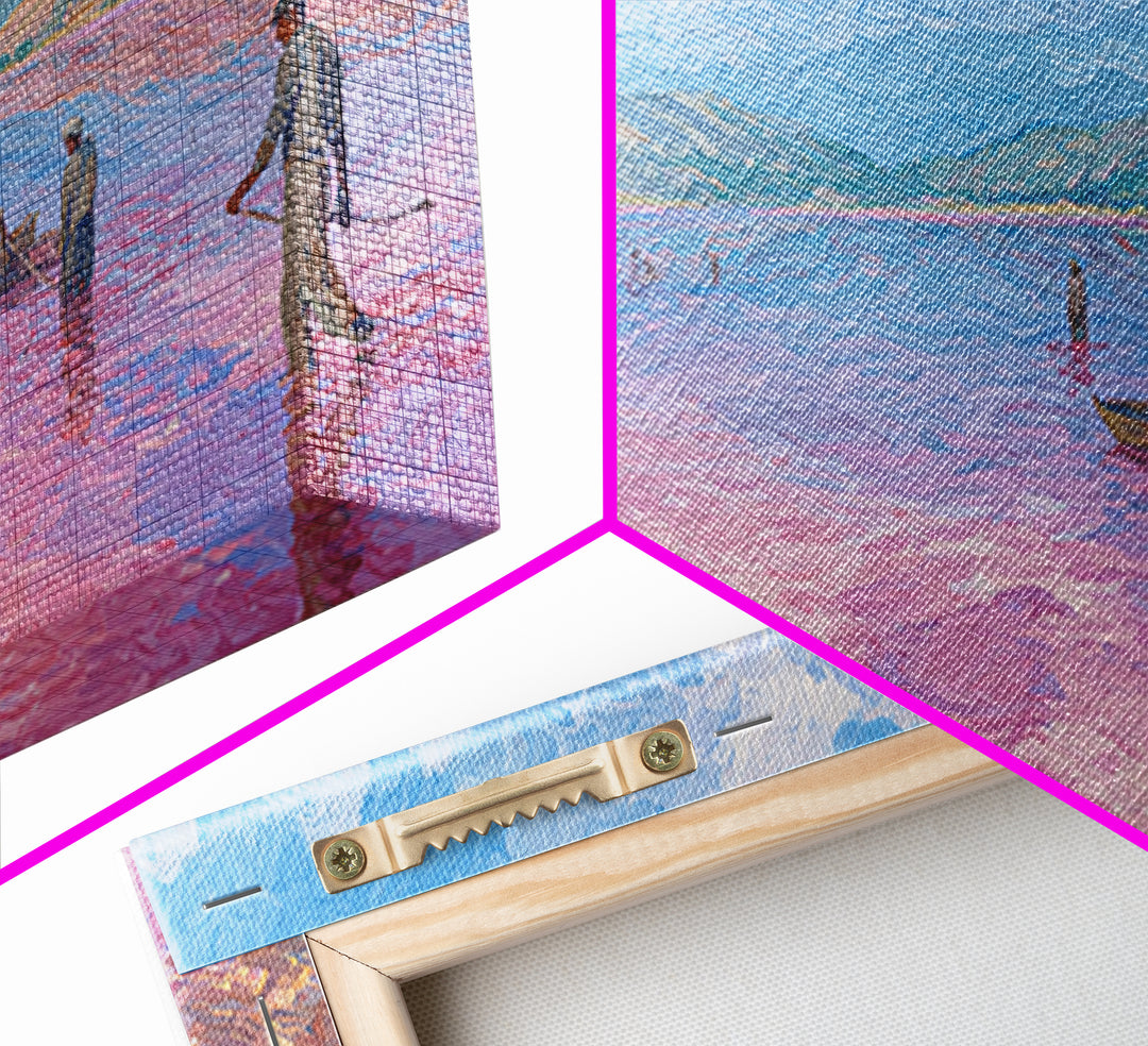 Pastel Salt Lake Workers Canvas Print, African Landscape Wall Decor, Pink Water Painting, Mountain Travel Art Gift, Living Room Decor