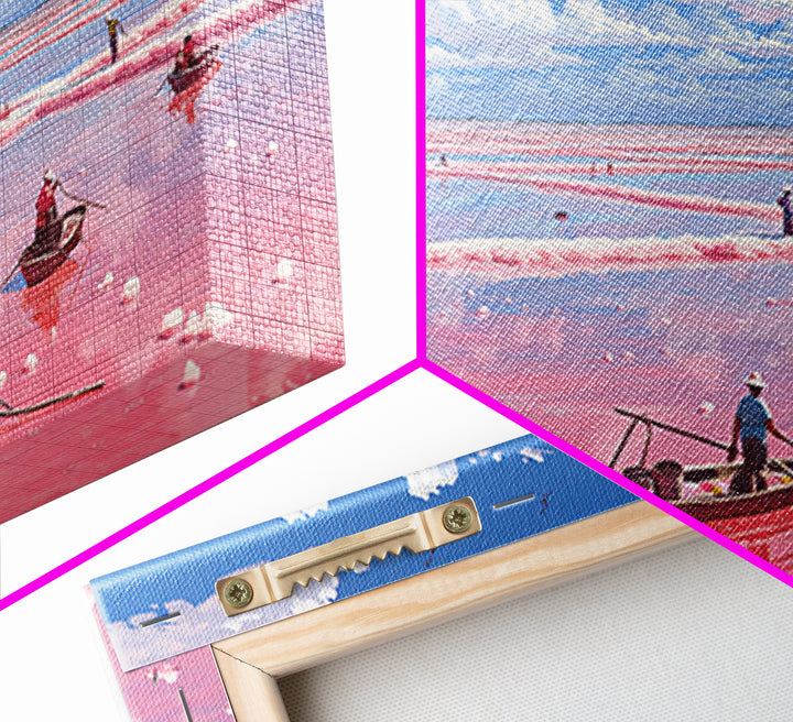 Pink Salt Flats With Boats Wall Art, African Coastal Landscape, Flamingo Lake Painting, Large Canvas Decor, Travel Home Gift