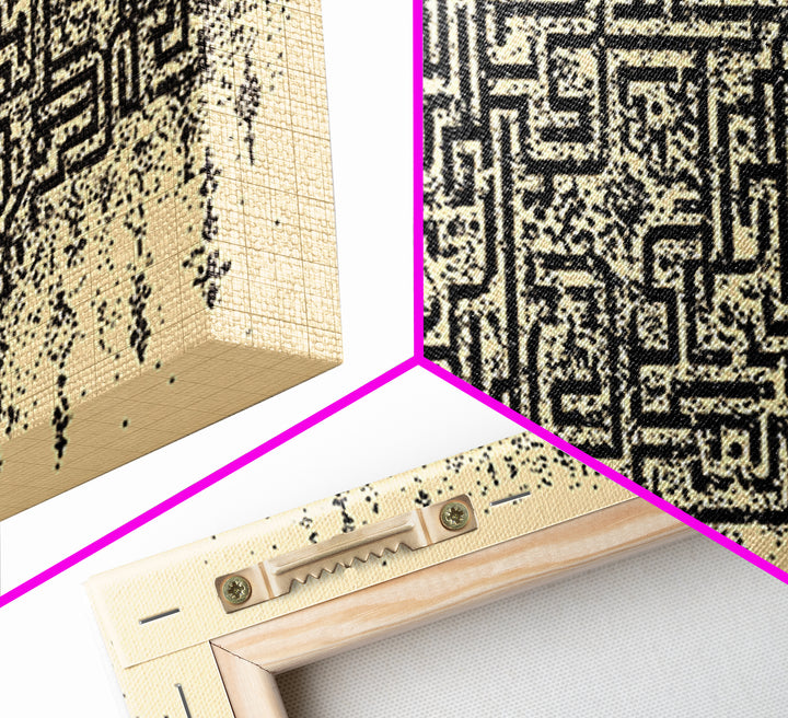 Ancient Maze Pattern Wall Art, Abstract African Textile Inspired Print, Beige Black Geometric Decor, Cultural Canvas Gift