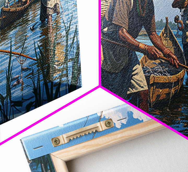 Traditional African Fishermen In River Boats Canvas Print, African Culture Art, Fishing Village, Safari Decor, Living Room Decor