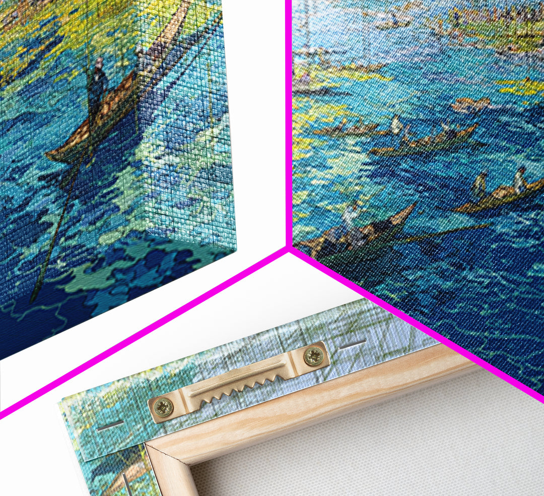 Abstract Blue Wetlands With Boats Canvas Print, Modern African Art, Coastal Landscape, Teal Wall Decor, Large Living Room Art