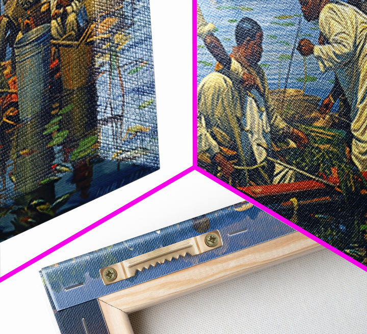 African Floating Market Fishermen On Lake Canvas Print, Traditional African Painting, Cultural Wall Decor, Village Home Decor