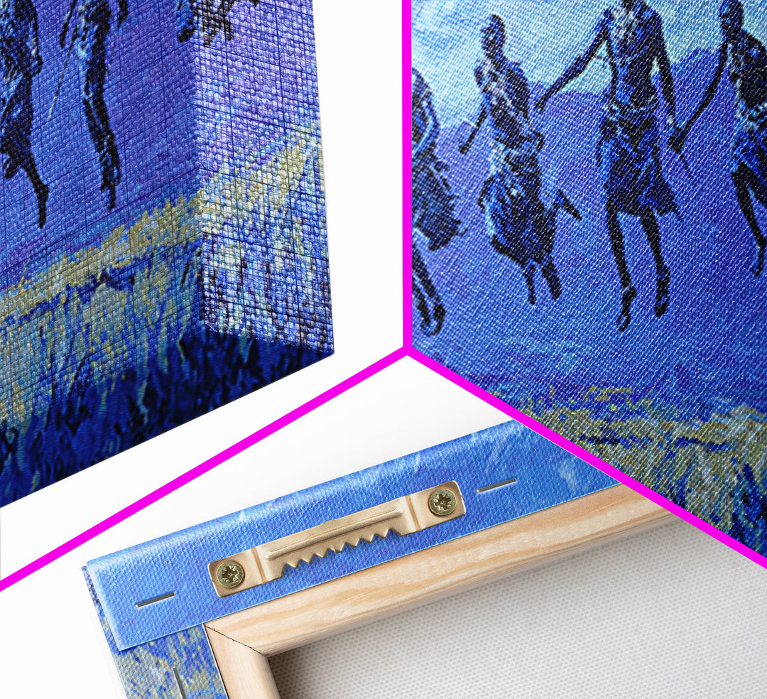 Blue Savanna Jumping Figures Wall Art, African Landscape, Modern African Art, Safari Art, Living Room Decor Canvas Print