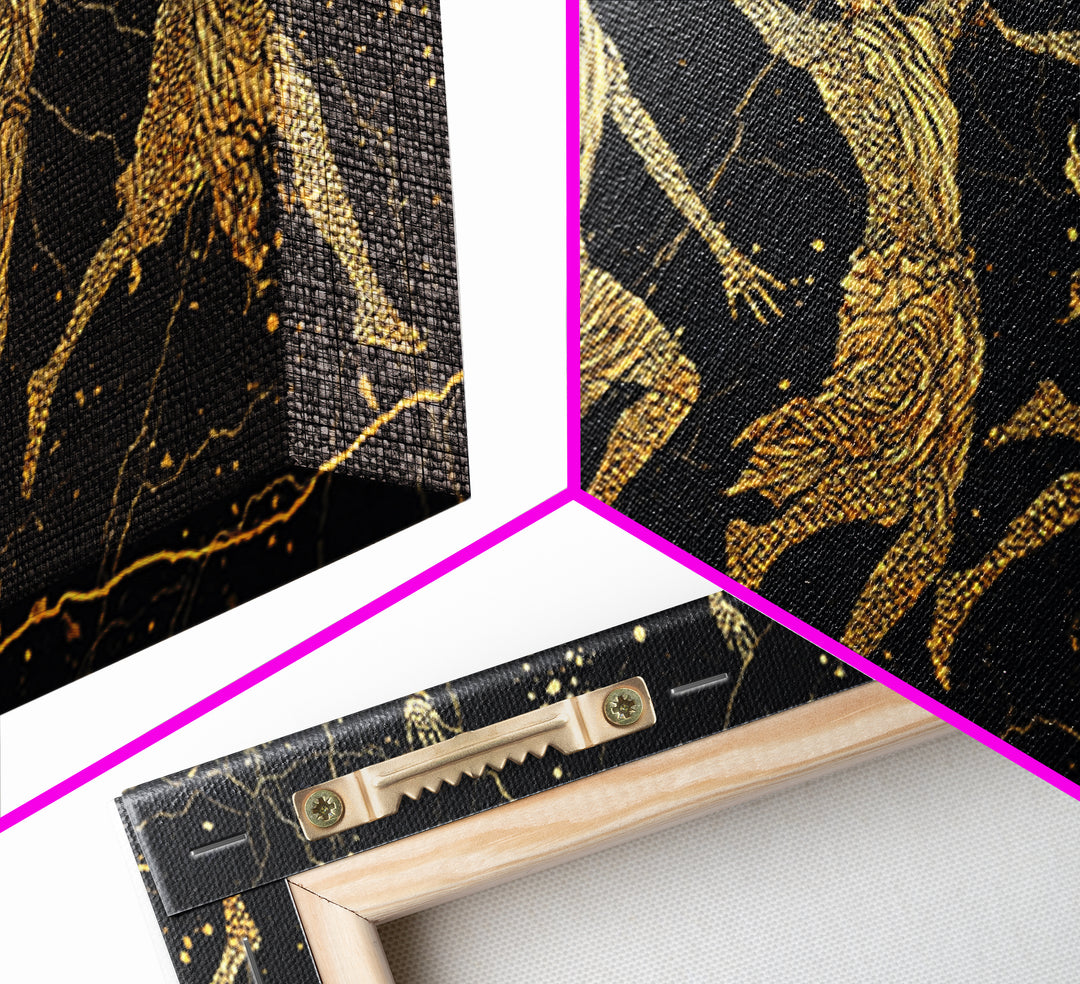 Gold Tribal Dancers On Black Framed Canvas Print, African Tribal Art, Black And Gold Art, Afrocentric Wall Art Decor Gift