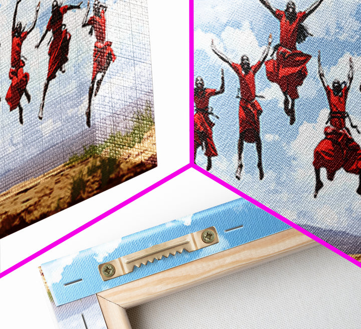 Joyful Red Dancers Under Clouds Canvas Print, African Celebration, African Women Art, Safari Decor, Colorful Wall Art Gift