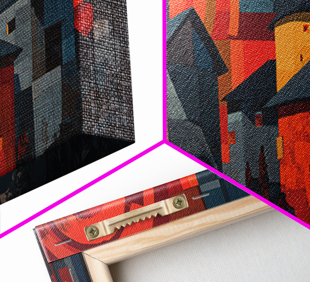 Red Sunset African Village Houses Wall Art, Modern African Art, Cultural Home Decor, Bold Geometric Canvas Print Gift For Him